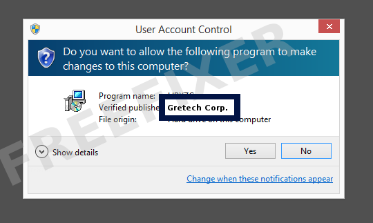 Screenshot where Gretech Corp. appears as the verified publisher in the UAC dialog